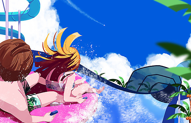 전신 PSD 여자 남자 수영복 일러스트 물놀이 수영장 성인 두명 여름 여름휴가 바캉스 비키니 야자수 수영 즐거움 튜브 슬라이드 워터슬라이드 워터파크 국내일러스트 나무 옷 계절 감정 놀이 휴가 사람 수상스포츠 파일형식 여름_계절