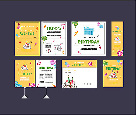 템플릿 배너템플릿 이벤트 사람없음 세트 노란색 현수막 축하 생일 생일케이크 전단 엽서 초대장 축하카드 약도 생일선물 생일카드 소봉투 행사세트 행사템플릿 AI파일 배너 기념일 컬러 컨셉 지도 편지봉투 카드_감사 선물 케이크 편지 홍보물 파일형식 벡터