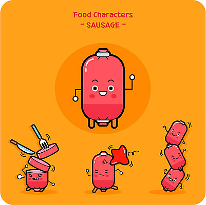 캐릭터 포크 일러스트 사람없음 귀여움 소시지 칼 케첩 음식캐릭터 일러캐릭터 AI파일 식기 음식 컨셉 소스_음식 가공식품 파일형식 벡터