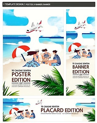 PSD 배너 배너템플릿 여자 남자 가로배너 ZIP 포스터 세로배너 여행 비행기 앉기 성인 해변 세명 여름휴가 바캉스 세트 현수막 파라솔 모래성 야자수잎 템플릿 모래 바다 잎 항공교통 모션 휴가 대중교통 사람 가로 세로 파일형식 여름_계절
