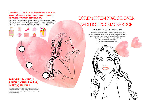 PSD 템플릿 편집 모자 표지디자인 북디자인 출판디자인 여자 내지 리플렛 북커버 웃음 팜플렛 20대 성인 두명 뷰티 캐리어 립스틱 하트 하이힐 바르기 이미지템플릿 모양 잡화 구두 모션 표정 사람 청년 여행가방 화장품 여성화 파일형식