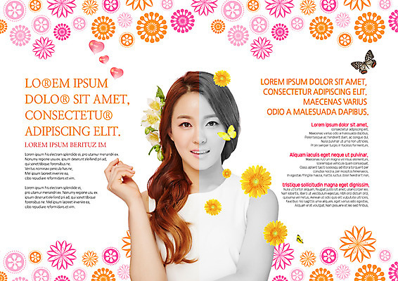 PSD 템플릿 편집 표지디자인 북디자인 출판디자인 여자 꽃 내지 리플렛 나비 북커버 한명 팜플렛 상반신 20대 성인 뷰티 한국인 의료성형뷰티 이미지템플릿 식물 1 곤충 사람 동양인 청년 파일형식