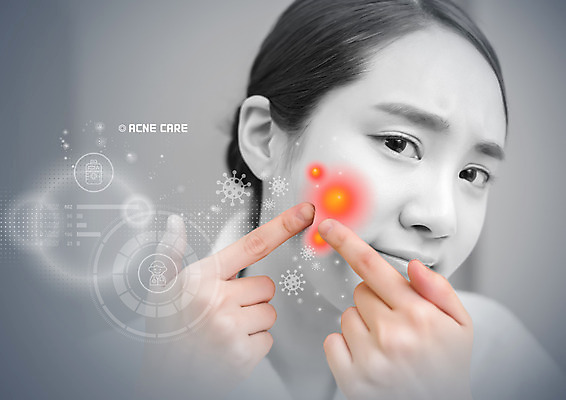 PSD 편집 편집이미지 여자 의학 건강 한명 상반신 20대 성인 한국인 피부관리 박테리아 여드름 짜기 홀로그램 의료성형뷰티 성인여자한명만 이미지편집 1 모션 사람 동양인 청년 뷰티 여자한명만 성인여자만 파일형식