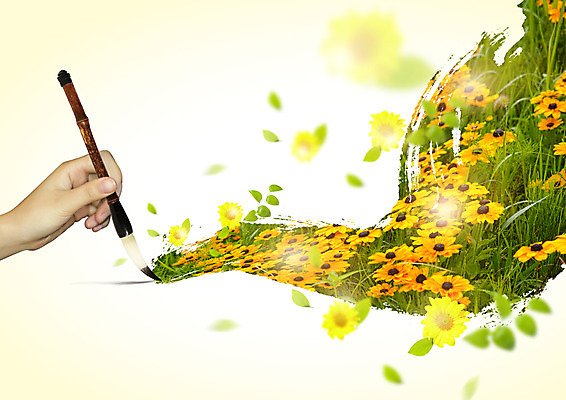 PSD 편집 편집이미지 손 꽃 여러송이 자연 나뭇잎 한손 한명 신체부위 노란색 봄 그리기 서예붓 이미지편집 식물 1 계절 컬러 다수 잎 모션 서예 사람 붓 생태계 파일형식