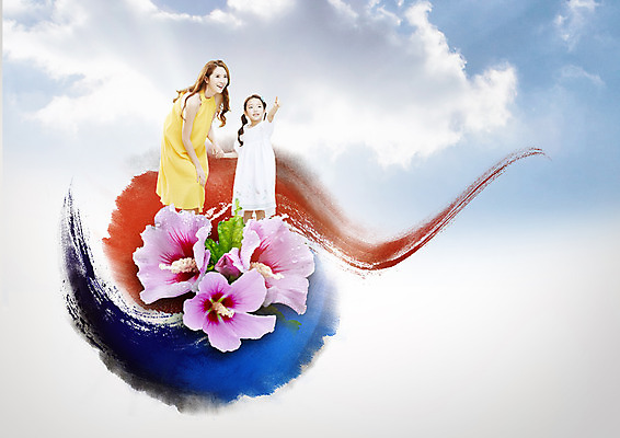 PSD 구름 편집 편집이미지 여자 딸 어린이 하늘 모녀 엄마 한국 서기 성인 두명 30대 한국인 가리킴 태극 무궁화 애국심 이미지편집 자연요소 문양 꽃 아시아 가족 모션 사람 동양인 손짓 장년 파일형식