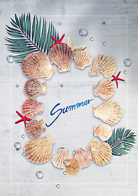 PSD 편집 편집이미지 여행 나뭇잎 불가사리 프레임 사람없음 여름 여름휴가 바캉스 물방울 조개껍데기 가리비 이미지편집 계절 잎 휴가 조개 극피동물 파일형식 여름_계절