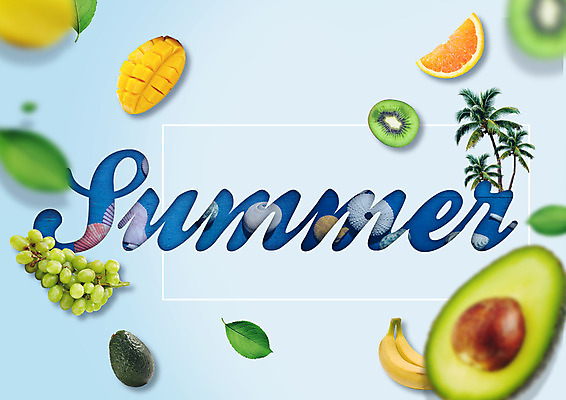 PSD 편집 편집이미지 여행 오렌지 과일 조개 나뭇잎 바나나 키위 사람없음 여름 여름휴가 바캉스 야자수 청포도 망고 아보카도 이미지편집 나무 계절 잎 포도 휴가 어패류 열대과일 파일형식 여름_계절