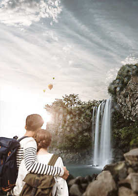 PSD 구름 편집 편집이미지 커플 여자 남자 배낭 하늘 상반신 20대 성인 두명 뒷모습 폭포 한국인 열기구 배낭여행 성인만 이미지편집 자연요소 뷰포인트 여행 가방 관계 항공교통 자연 사람 동양인 청년 파일형식