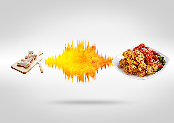 PSD 편집 편집이미지 접시 식재료 사람없음 치킨 프라이드치킨 양념치킨 닭고기 나이프 닭다리 요리중 변신 이미지편집 식기 모션 육류 칼 닭고기요리 파일형식