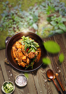 PSD 편집 편집이미지 접시 한식 음식 젓가락 고추 사람없음 숟가락 닭고기 물방울 소금 파 쑥갓 닭볶음탕 젓가락받침대 이미지편집 식기 채소 수저 육류 닭고기요리 수저받침대 파일형식