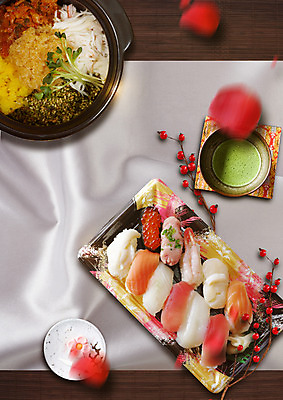 PSD 편집 편집이미지 접시 열매 꽃잎 음식 사람없음 초밥 다양 고추냉이 뚝배기 무순 알밥 이미지편집 식물 식기 꽃 다수 밥 양념 새싹채소 일본음식 파일형식