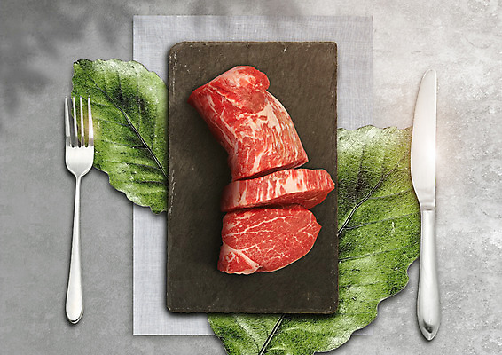 PSD 편집 편집이미지 접시 포크 식재료 나뭇잎 생고기 육류 사람없음 소고기 나이프 슬라이스 이미지편집 식기 잎 칼 파일형식