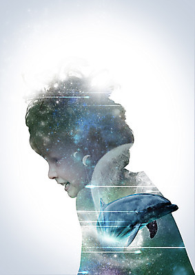 PSD 서양인 편집 편집이미지 어린이교육 교육 남자 어린이 상상 한명 소년 상반신 옆모습 달 돌고래 다중노출 소년만 이미지편집 자연요소 외국인 1 뷰포인트 포유류 촬영기법 사람 수중동물 남자만 어린이만 파일형식