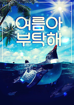 PSD 편집이미지 바다 사람없음 여름 여름휴가 바캉스 야자수 햇빛 시원함 펭귄 보케 이미지편집 나무 계절 조류 휴가 태양 파일형식 여름_계절