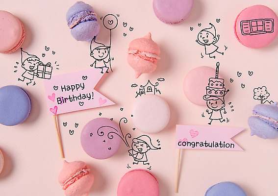 편집이미지 어린이 포토일러 요정 여러명 케이크 하트 축하 생일 달콤 생일축하 마카롱 이미지편집 AI파일 모양 기념일 다수 컨셉 디저트 사람 맛 파일형식 벡터