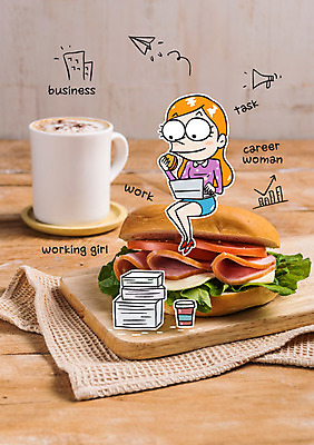 편집이미지 여자 커피 빵 포토일러 샌드위치 한명 성인 머그컵 업무 비즈니스우먼 바쁨 점심식사 이미지편집 AI파일 1 음료 음식 비즈니스 사람 컵 식사 작업 직장인 파일형식 벡터