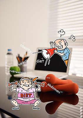 편집이미지 여자 남자 다이어트 응원 포토일러 건강 두명 노트북 운동 건강관리 확성기 외침 아령 트레이너 힘듦 이미지편집 AI파일 컨셉 관리 사람 전자제품 헬스 소리 파일형식 벡터