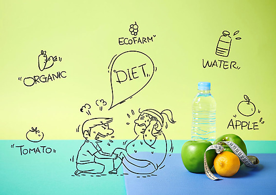 편집이미지 여자 남자 다이어트 채소 과일 포토일러 줄자 건강 두명 물 운동 사과 트레이너 이미지편집 AI파일 자연요소 자 사람 헬스 파일형식 벡터