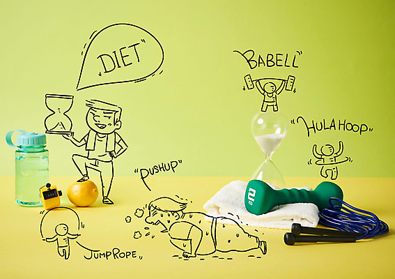 편집이미지 남자 몸매관리 다이어트 포토일러 두명 수건 운동 건강관리 아령 역기 물병 모래시계 줄넘기 스톱워치 힘듦 이미지편집 AI파일 모래 시계 컨셉 건강 관리 사람 위생용품 물통 파일형식 벡터