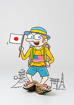 서양인 편집이미지 남자 여행 배낭 포토일러 한명 일본여행 배낭여행 전통체험 나막신 일장기 신사_일본건축 이미지편집 AI파일 외국인 1 해외여행 신발 가방 사람 일본 체험 국기 일본건축 파일형식 벡터