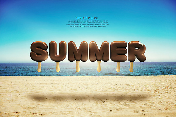 PSD 편집이미지 바다 대문자 아이스크림 타이포그라피 해변 사람없음 그래픽 여름 3D 디지털합성 막대아이스크림 초코맛 초코아이스크림 디지털아트 편집3D 문자 영어 계절 디저트 초콜릿 맛 파일형식