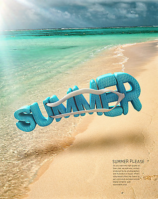 PSD 편집이미지 바다 대문자 타이포그라피 해변 사람없음 그래픽 여름 3D 샌들 쪼리 디지털합성 디지털아트 편집3D 문자 영어 계절 신발 파일형식