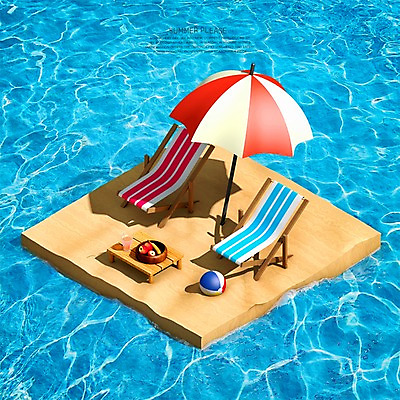 PSD 편집이미지 바다 섬 과일 사람없음 그래픽 여름 3D 파라솔 비치볼 디지털합성 선베드 아이소메트릭 디지털아트 편집3D 계절 의자 공 바캉스용품 파일형식