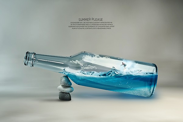 PSD 편집이미지 남자 파도 바다 유리병 한명 그래픽 여름 3D 돌_바위 서핑 디지털합성 합성 디지털아트 편집3D 1 계절 병_용기 사람 수상스포츠 파일형식