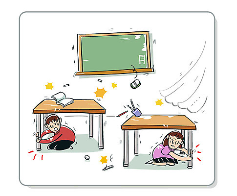 전신 여자 남자 어린이 일러스트 학교 두명 필기구 칠판 자연재해 책상 숨기 지진 국내일러스트 AI파일 교육 가구 모션 문구용품 사람 재해 파일형식 벡터