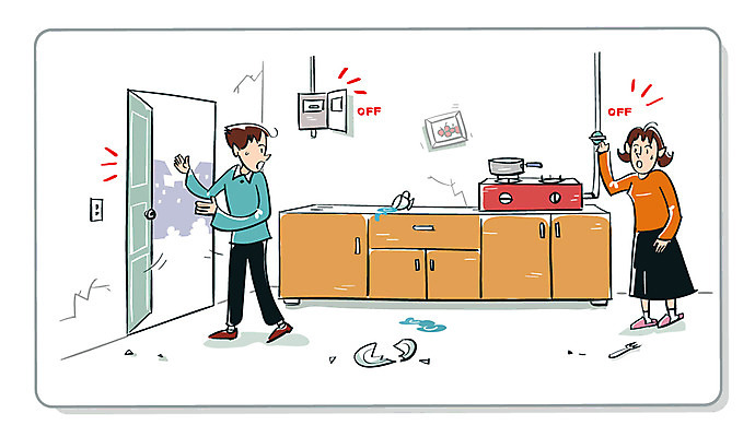 전신 접시 여자 남자 일러스트 출입구 서기 성인 두명 문 가스레인지 자연재해 싱크대 가스 지진 차단기 국내일러스트 AI파일 식기 모션 사람 가전제품 레인지 개수대 재해 파일형식 벡터 차단