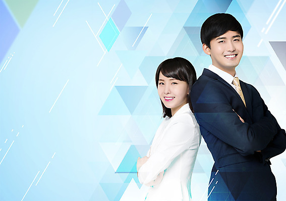 PSD 편집이미지 여자 남자 서기 미소 상반신 20대 성인 두명 옆모습 한국인 등맞대기 비즈니스맨 비즈니스우먼 동료 이미지편집 뷰포인트 비즈니스 관계 모션 표정 사람 동양인 청년 직장인 파일형식