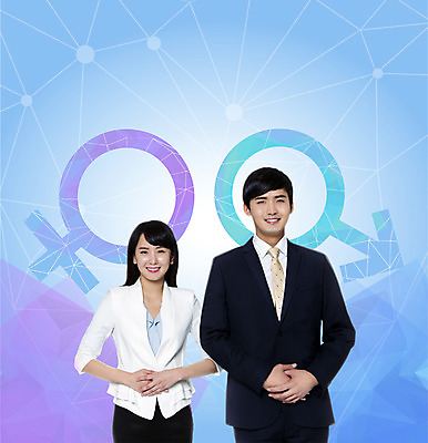 PSD 편집이미지 여자 남자 서기 상반신 20대 성인 두명 앞모습 한국인 비즈니스맨 비즈니스우먼 동료 손모으기 공손 남자기호 여자기호 이미지편집 뷰포인트 비즈니스 관계 모션 사람 동양인 손짓 청년 직장인 성별기호 파일형식