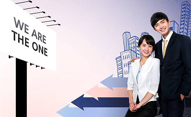 PSD 편집이미지 여자 남자 화살표 광고판 미소 상반신 20대 성인 두명 앞모습 한국인 비즈니스맨 비즈니스우먼 동료 옥외간판 옥외광고 어깨에손 이미지편집 뷰포인트 비즈니스 관계 모션 간판 알림판 표정 사람 동양인 청년 직장인 판 파일형식