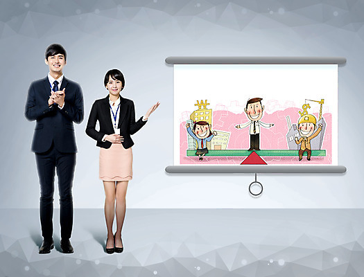 전신 PSD 편집이미지 여자 남자 회의 서기 20대 성인 두명 앞모습 한국인 비즈니스맨 비즈니스우먼 발표 프레젠테이션 동료 이미지편집 뷰포인트 비즈니스 관계 모션 사람 동양인 청년 직장인 파일형식