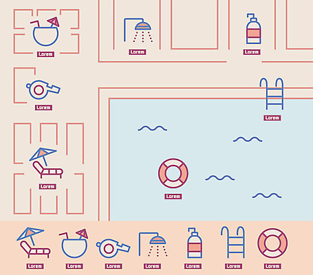 아이콘 음료 지도 사다리 수영장 사람없음 여름 세트 호루라기 선베드 샤워기 튜브 샴푸 린스 샤워실 2D아이콘 AI파일 계절 의자 위생용품 도구 샤워시설 파일형식 벡터