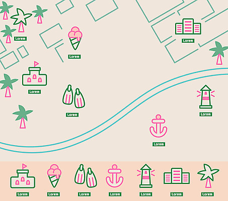 아이콘 바다 여행 지도 호텔 아이스크림 등대 사람없음 건물 여름 세트 야자수 오리발 모래성 닻 2D아이콘 AI파일 나무 건축물 계절 모래 숙소 디저트 파일형식 벡터