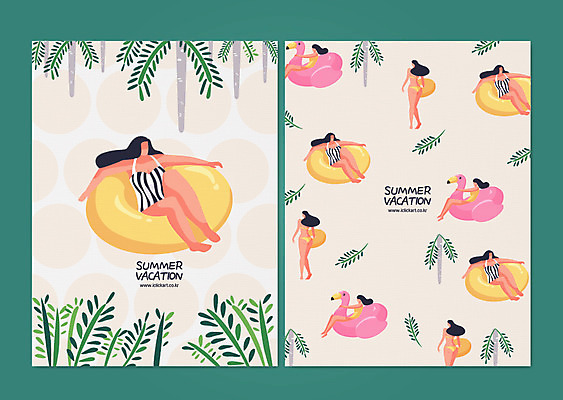 나무 여자 수영복 잎 패턴 일러스트 앉기 여러명 여름 비키니 풀 엽서 튜브 국내일러스트 AI파일 식물 옷 계절 다수 무늬 모션 사람 편지 파일형식 벡터