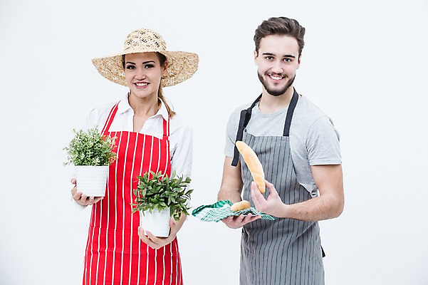 포토 JPG 스튜디오촬영 서양인 외국인 모자 여자 남자 화분 빵 실내 서기 웃음 상반신 20대 성인 두명 앞모습 앞치마 제빵사 플로리스트 국내포토 직업 잡화 음식 뷰포인트 모션 표정 사람 인종 청년 내부 파일형식