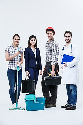 포토 JPG 스튜디오촬영 전신 서양인 외국인 여자 남자 안경 서류가방 청진기 실내 서기 웃음 여러명 20대 성인 앞모습 의사 비즈니스우먼 안전모 공구함 정비공 청소부 대걸레 서류판 국내포토 직업 잡화 뷰포인트 다수 가방 비즈니스 의료기기 모션 표정 사람 인종 청년 내부 사무용품 의료진 공구 직장인 기술자 헬멧 안전장비 청소도구 파일형식