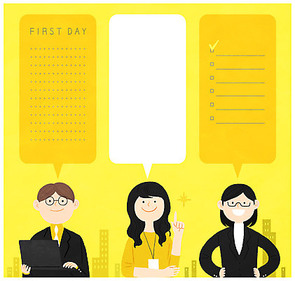 PSD 여자 남자 일러스트 회사 프레임 서기 미소 상반신 성인 세명 직장인 비즈니스맨 비즈니스우먼 신입사원 신입 입사 프레임일러스트 국내일러스트 직업 비즈니스 모션 표정 사람 파일형식