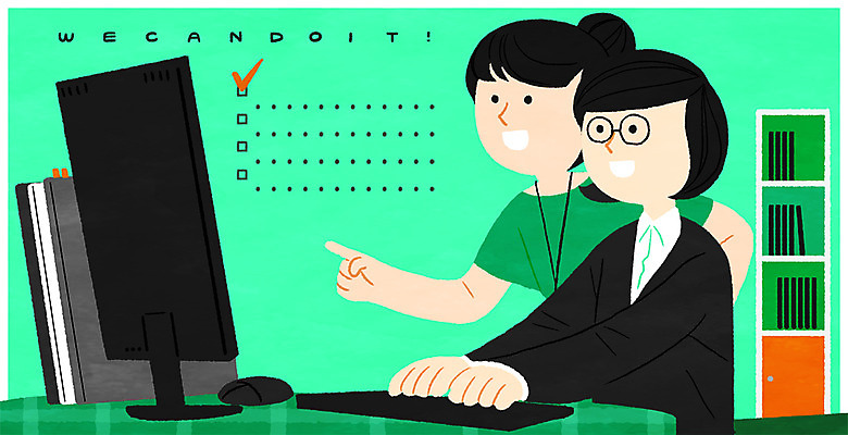 PSD 응시 여자 교육 남자 일러스트 회사 책장 프레임 서기 앉기 상반신 성인 두명 컴퓨터 직장인 비즈니스맨 비즈니스우먼 신입사원 신입 입사 체크리스트 프레임일러스트 국내일러스트 직업 시선 가구 비즈니스 모션 사람 전자제품 파일형식