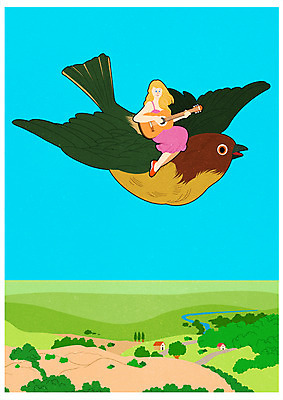 전신 PSD 여자 포스터 연주 일러스트 조류 한명 앉기 성인 마을 음악가 기타 소인국 국내일러스트 동물 직업 1 음악 모션 현악기 사람 파일형식