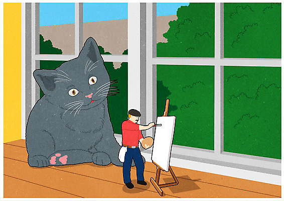 전신 PSD 식물 남자 포스터 일러스트 창문 한명 서기 성인 고양이 그리기 이젤 그림 화가 소인국 국내일러스트 직업 1 포유류 모션 사람 반려동물 미술도구 파일형식