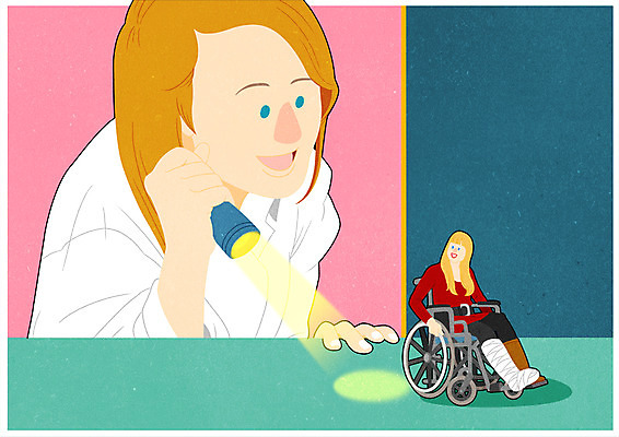 전신 PSD 여자 포스터 일러스트 서기 웃음 들기 앉기 상반신 성인 두명 환자 의사 손전등 휠체어 깁스 소인국 국내일러스트 의학 모션 조명 표정 사람 의료진 의료용품 파일형식