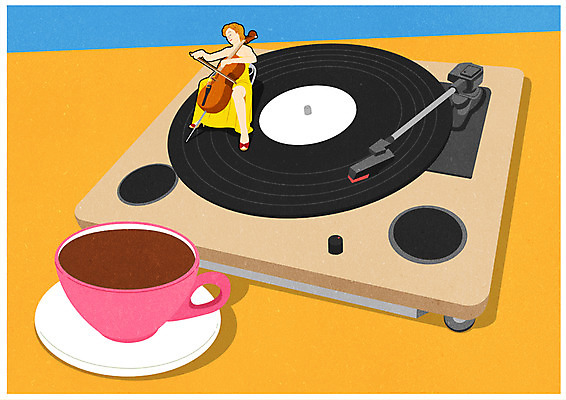 전신 PSD 여자 포스터 음악 연주 일러스트 한명 앉기 성인 레코드 커피잔 첼로 턴테이블 소인국 국내일러스트 1 커피 모션 문화예술 잔 사람 음반 파일형식 찰현악기