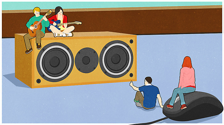 전신 PSD 여자 남자 포스터 연주 일러스트 앉기 여러명 성인 스피커 기타 마우스 군중 소인국 국내일러스트 음악 음향기기 다수 모션 현악기 사람 컴퓨터용품 파일형식