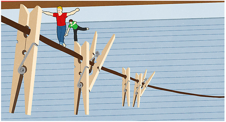 전신 PSD 남자 포스터 일러스트 성인 두명 빨랫줄 빨래집게 소인국 외줄타기 국내일러스트 줄 집게 사람 묘기 줄타기 파일형식