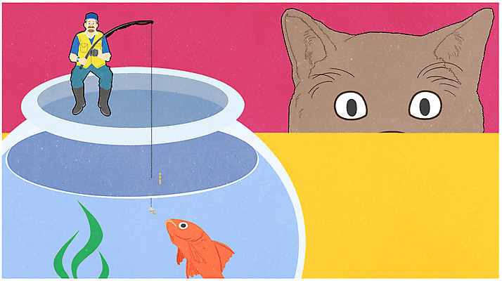 전신 PSD 남자 포스터 일러스트 낚시 한명 앉기 성인 고양이 어항 금붕어 낚시꾼 소인국 국내일러스트 1 포유류 모션 레저 어류 사람 반려동물 파일형식