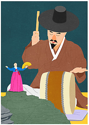 PSD 전통 여자 남자 포스터 일러스트 서기 앉기 상반신 성인 두명 고수 한복 북 소리꾼 소인국 판소리 국내일러스트 한국전통 모션 타악기 사람 전통의상 전통공연 향신료 파일형식