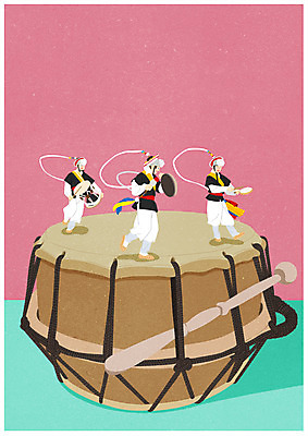 전신 PSD 전통 남자 포스터 일러스트 서기 성인 세명 전통놀이 사물놀이 북 사물놀이패 소인국 국내일러스트 모션 놀이 타악기 사람 전통공연 파일형식